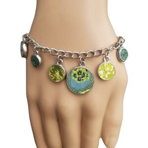 Viva Beads Handmade Polymer Clay Charm Bracelet | Green & Blue Floral Botanical